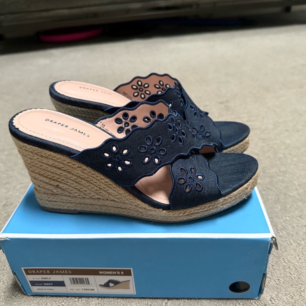 Draper James Navy Eyelet Wedge Sandals
